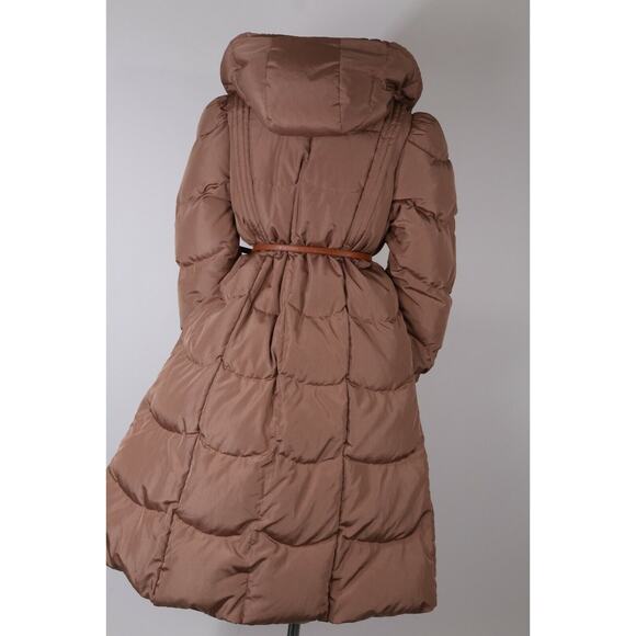 Vintage Beige Down Puffer Long Coat Jacket Quilted Leather Belt Warm Size L - Picture 9 of 12